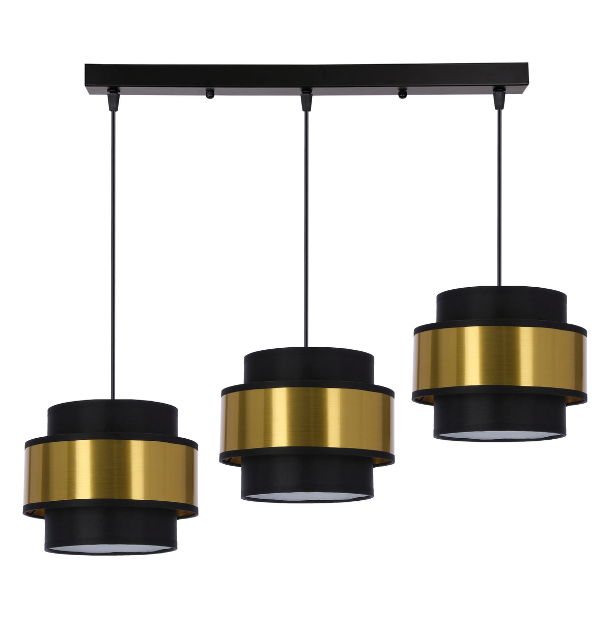 Suspension trois lumières noires et dorées, abat-jours cylindriques et barre rectangulaire, fond blanc.