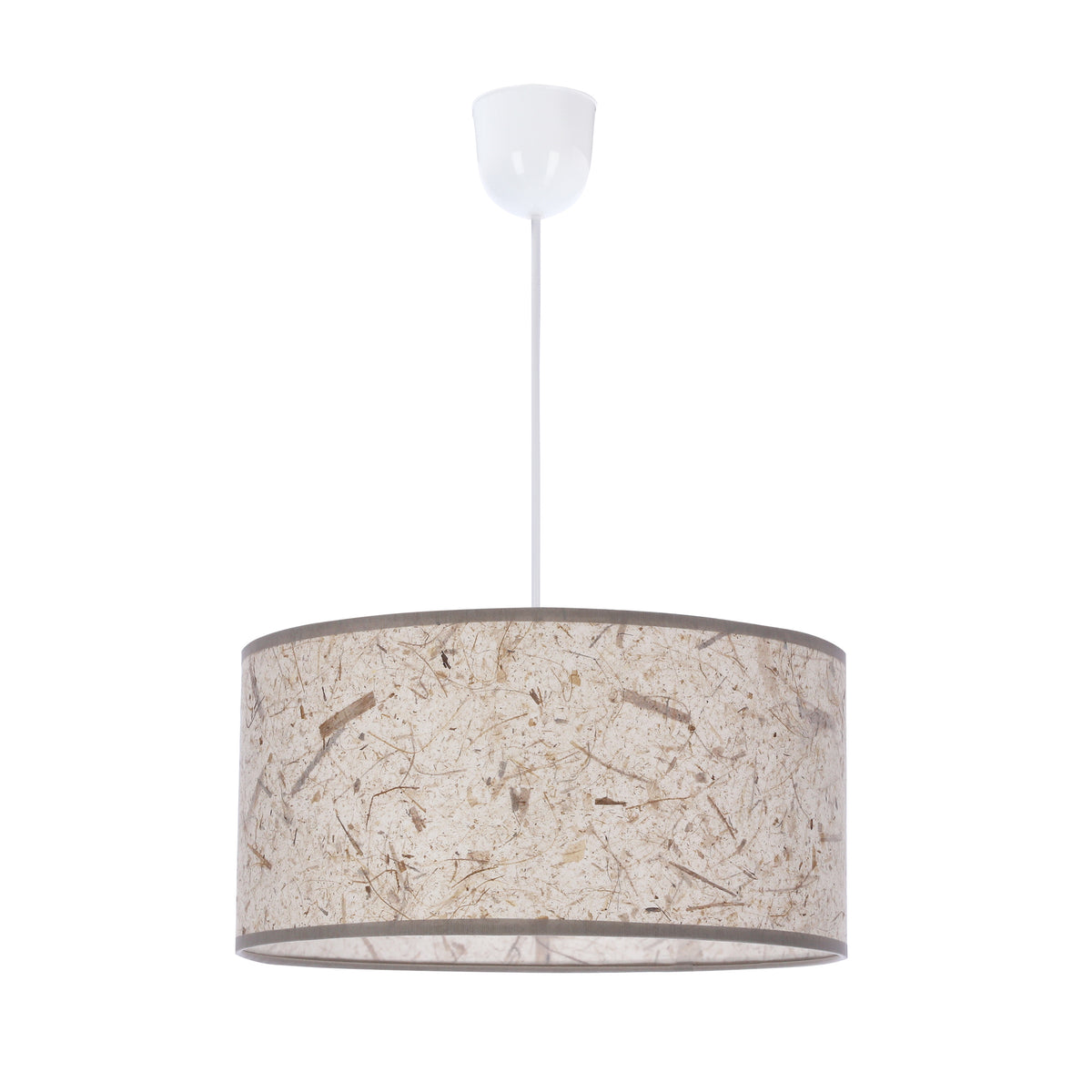 Suspension beige de face sur fond blanc, abat-jour cylindrique en fibre naturelle.
