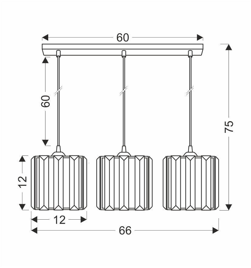 Schéma coté de la suspension indiquant largeur 66 cm, hauteur 75 cm et abat-jour 12 cm