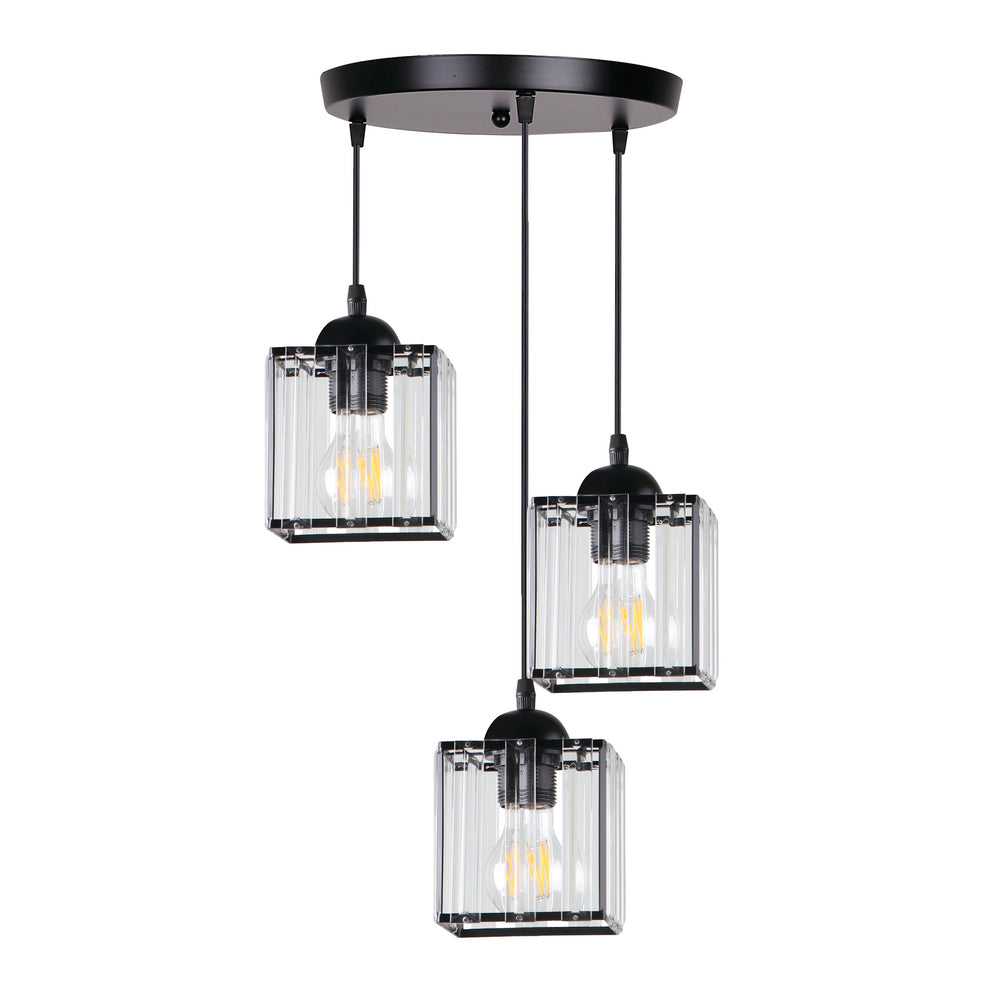 Suspension noire à trois lumières et abat-jours en verre cannelé transparent