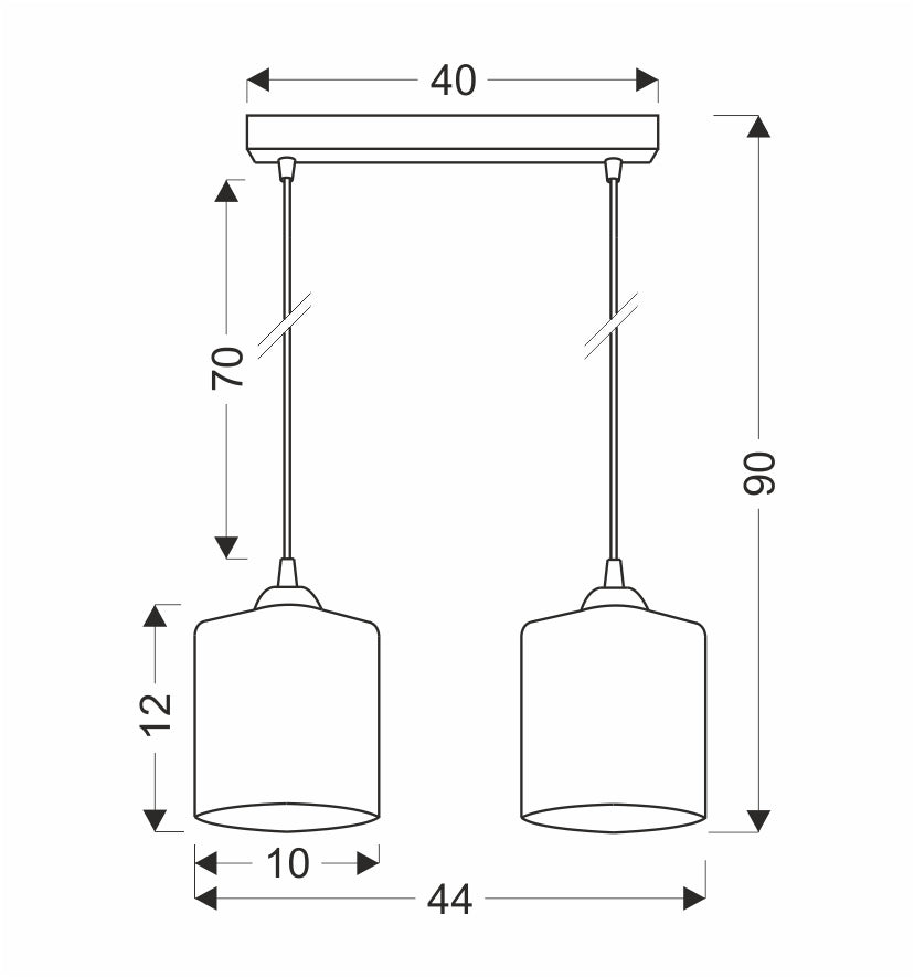 Schéma technique coté du luminaire : largeur 40, hauteur 90 et diamètre 10 centimètres