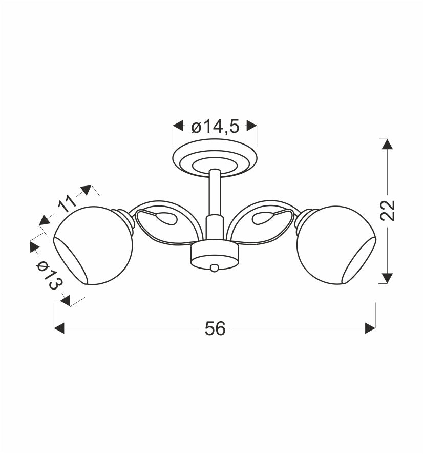 Schéma coté du plafonnier : diamètre 56 cm, hauteur 22 cm, verres de 13 cm
