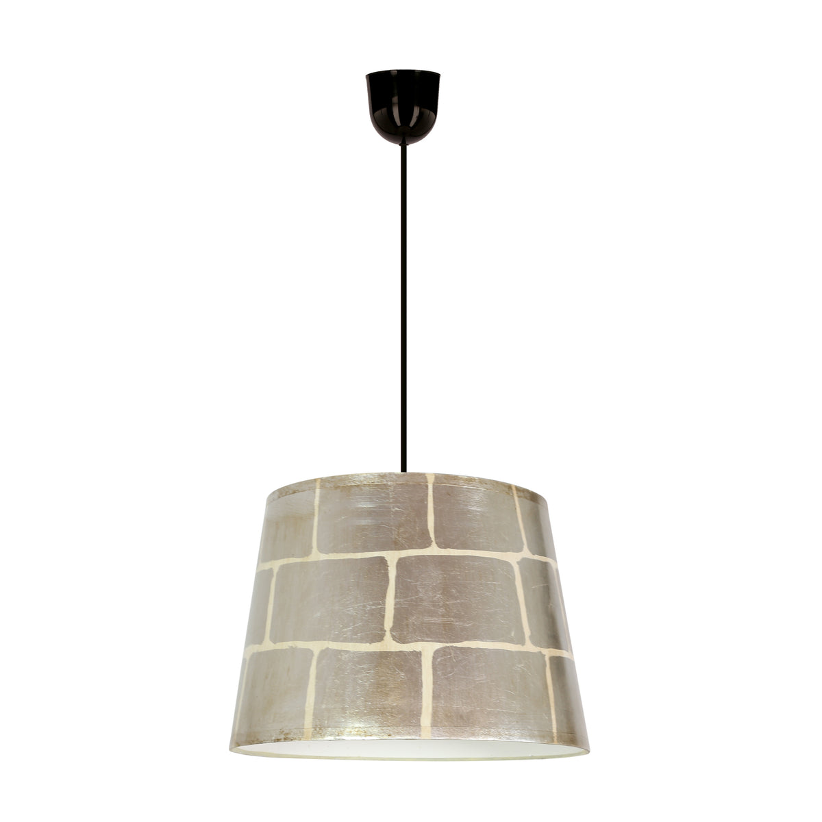 Suspension vue de face, abat-jour conique beige à motif de briques, câble noir et fixation plafond