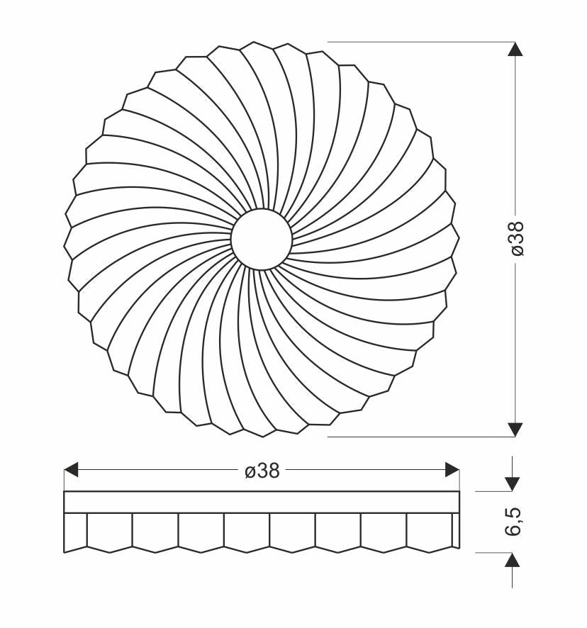 Schéma technique du plafonnier : vue de dessus et profil coté diamètre 38 cm