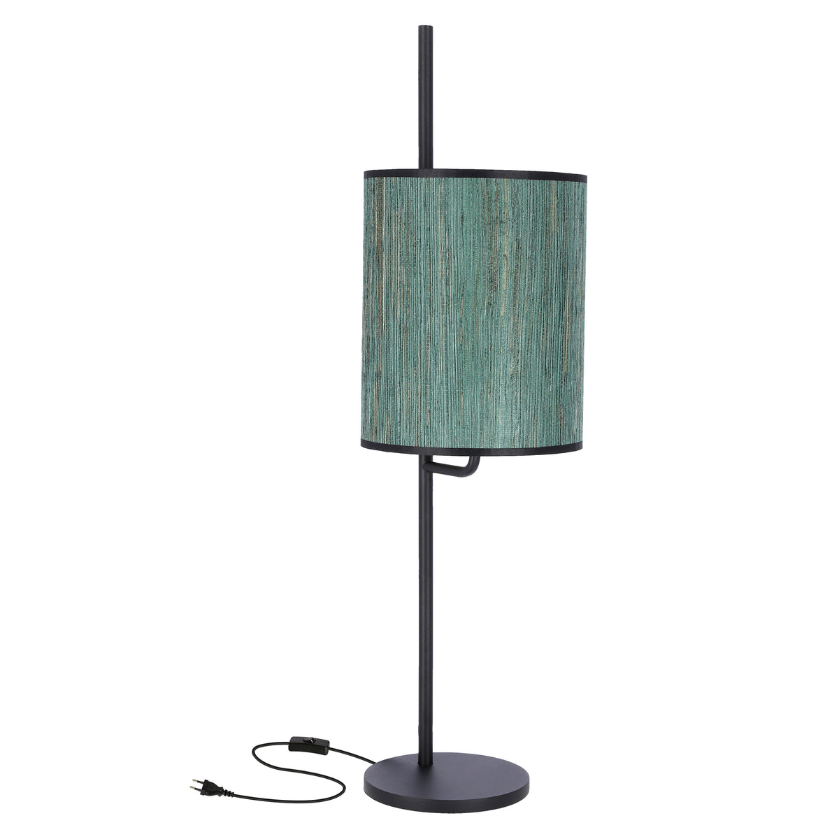 Lampe à poser vue de face, abat-jour cylindrique vert texturé et pied métal noir