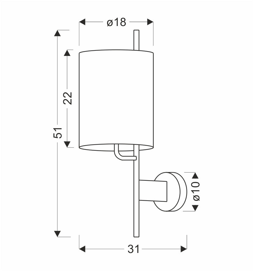 Schéma coté de l'applique indiquant hauteur 51, diamètre 18 et profondeur 31