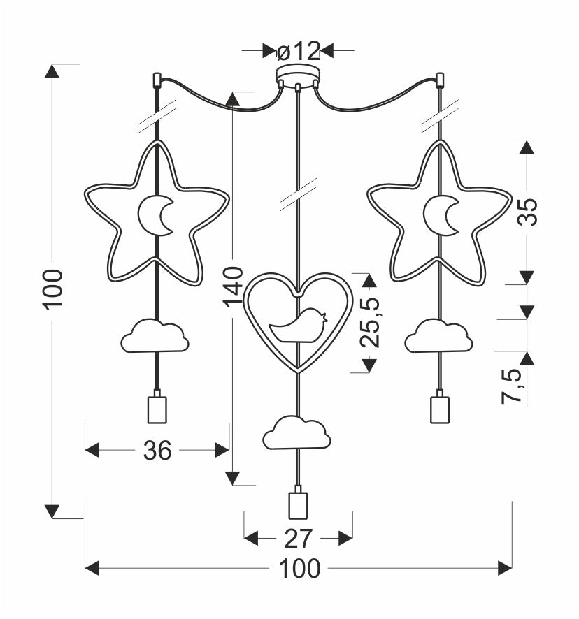 Schéma coté du luminaire avec hauteur 140 cm et largeur 100 cm