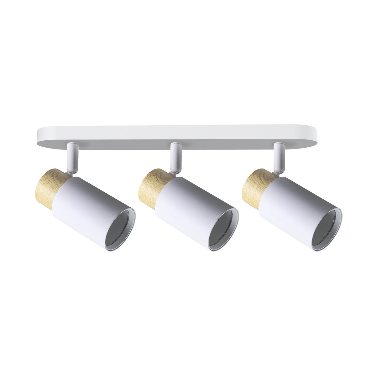 Plafonnier blanc à trois spots cylindriques orientables, vue de face sur fond blanc