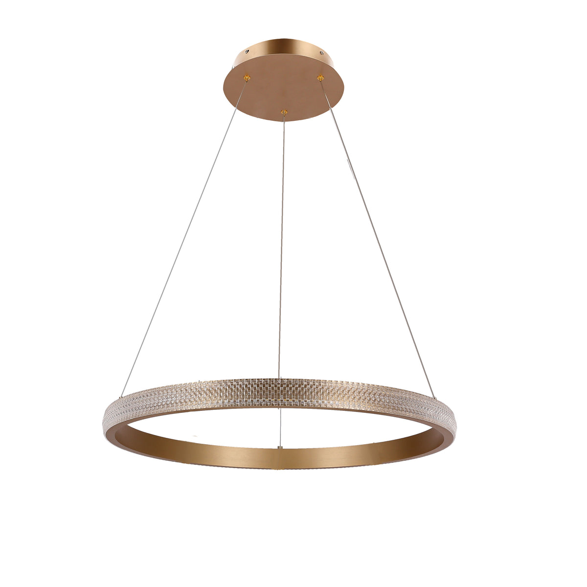 Suspension dorée en anneau LED vu de face sur fond blanc