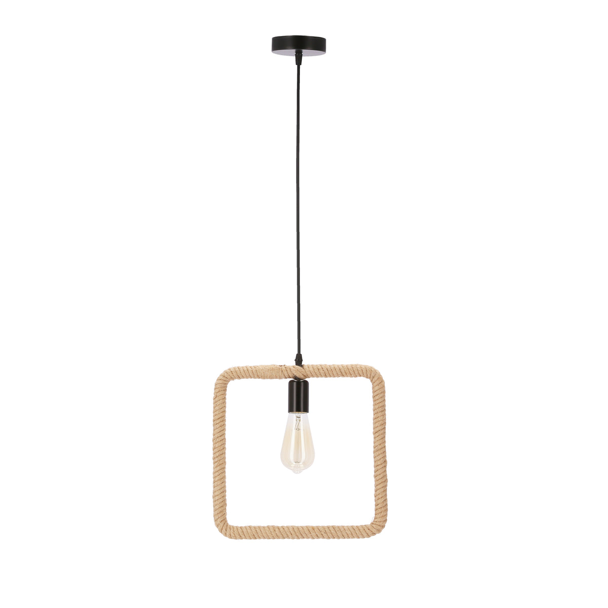 Vue de face du luminaire suspendu avec cadre carré en corde beige et douille noire.