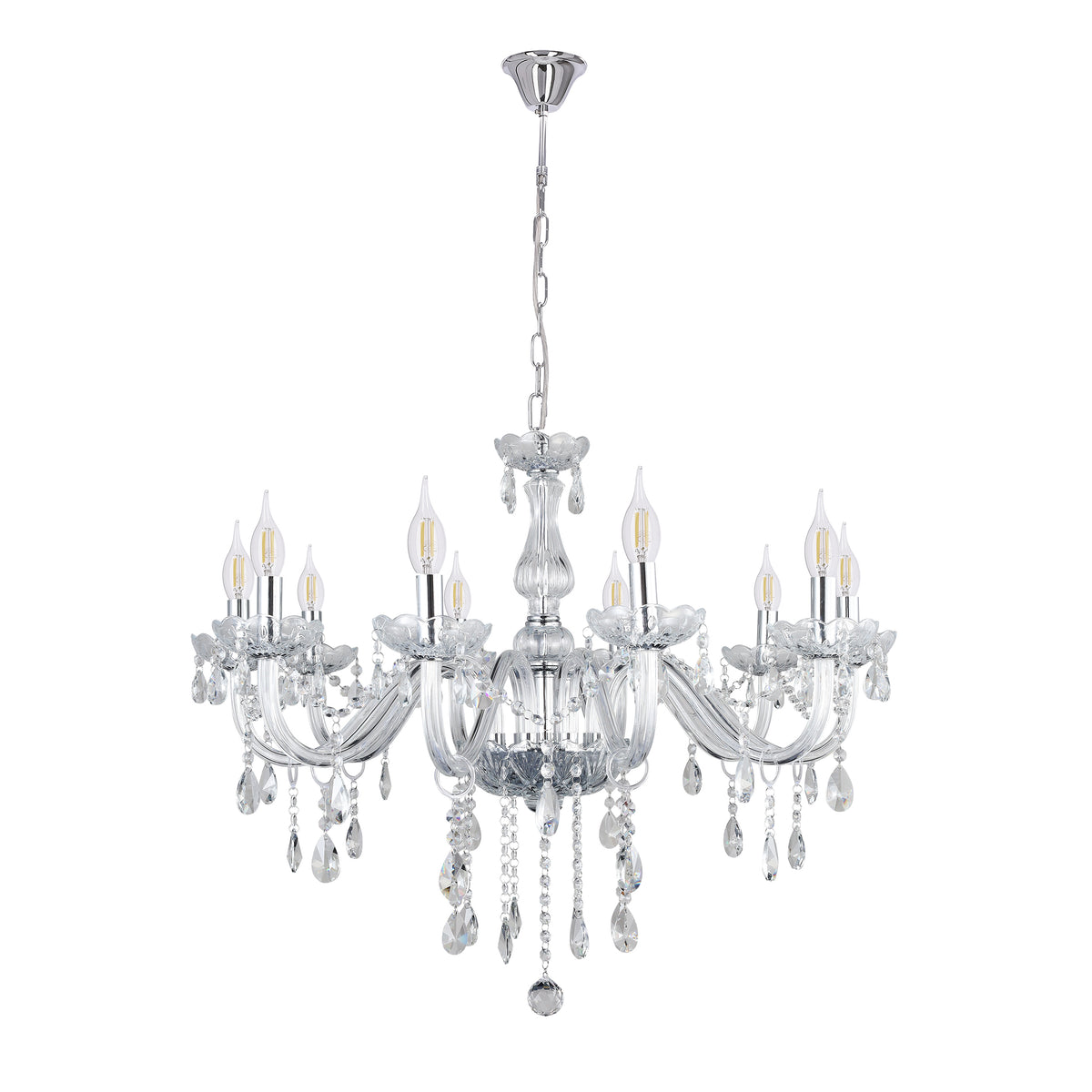Lustre cristal à dix bras suspendu, vue de face sur fond blanc