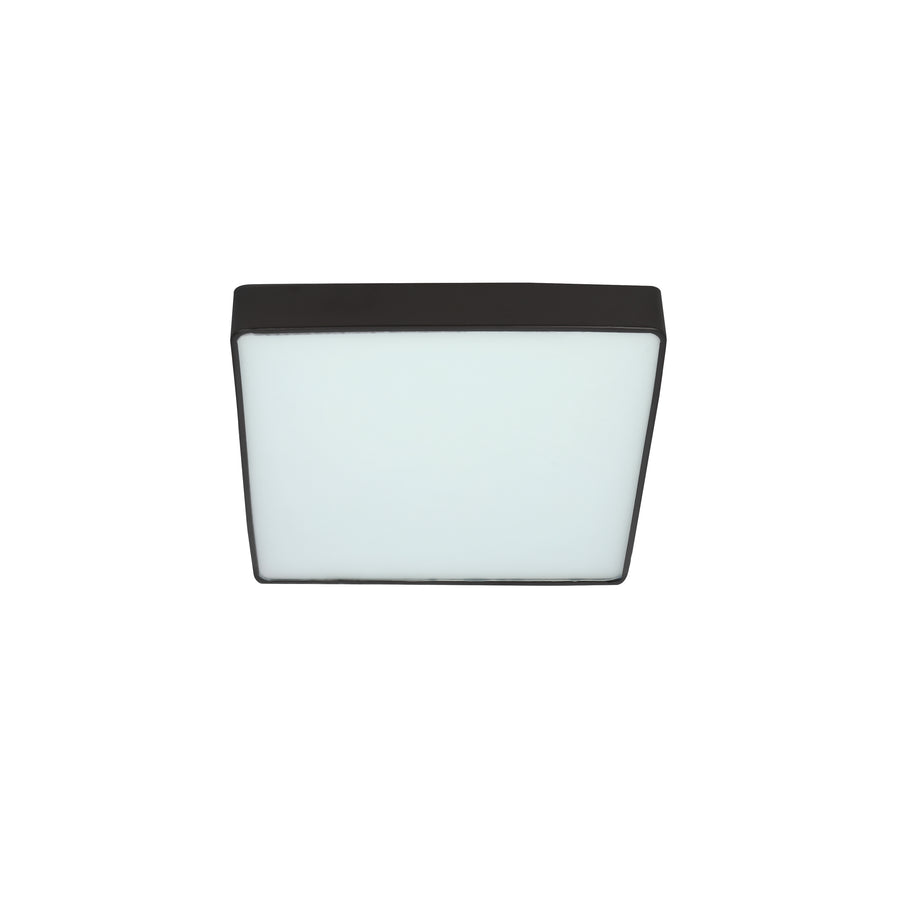 Vue de face du plafonnier carré noir à diffuseur de verre opalin éteint