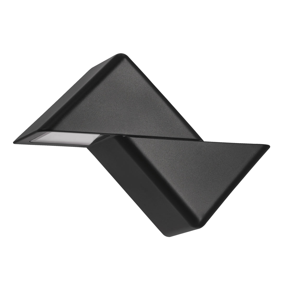 Applique murale extérieure noire de forme géométrique pliée, vue de trois quarts sur fond blanc