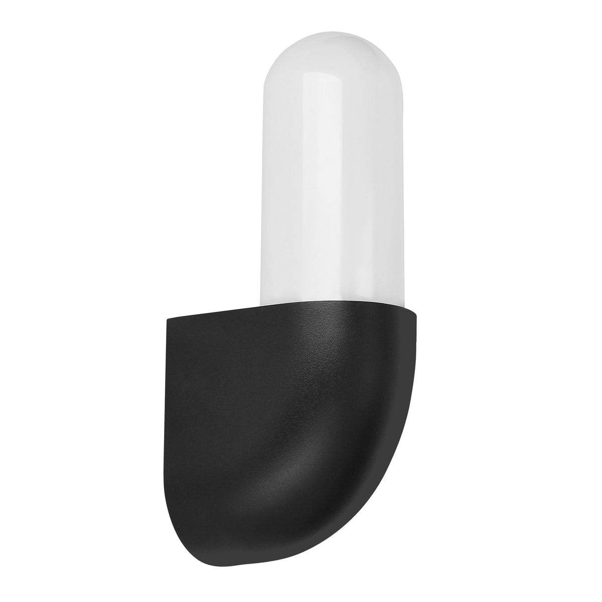 Vue de face de l'applique murale noire avec diffuseur blanc cylindrique arrondi.