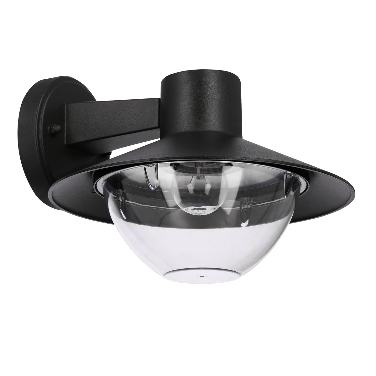 Applique murale noire de face, chapeau conique et bol en verre transparent