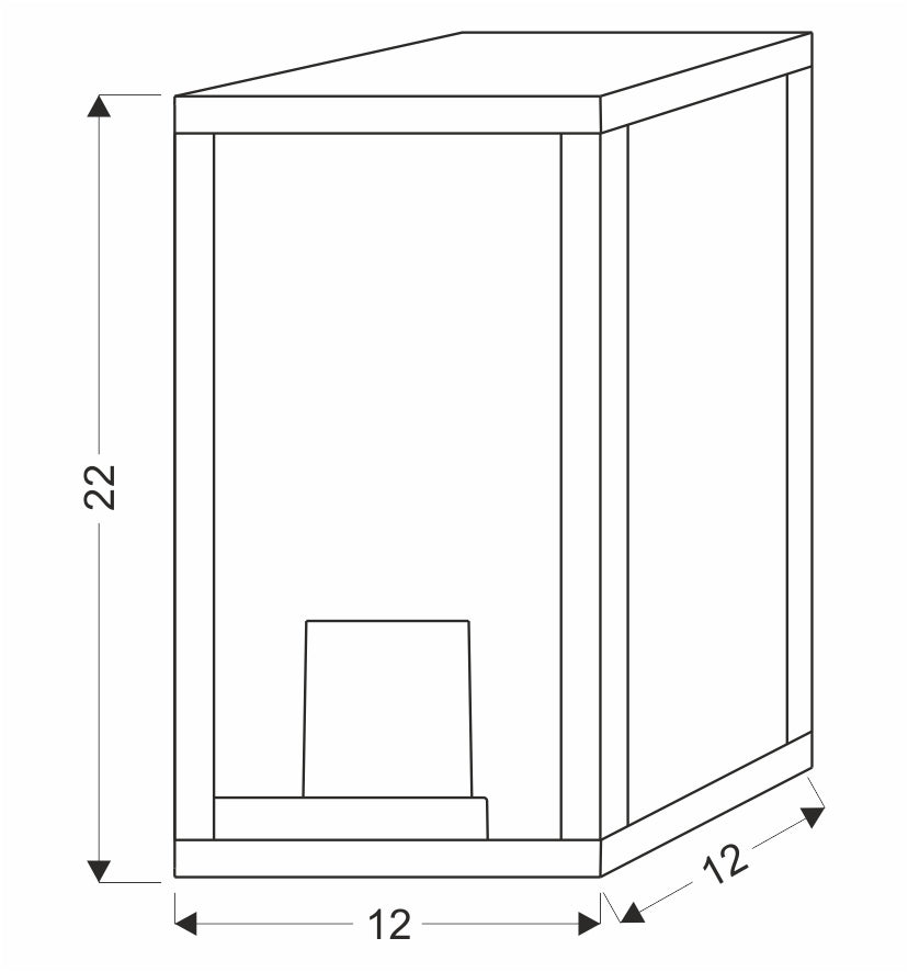 Dessin technique coté du luminaire : hauteur 22 cm, largeur 12 cm, profondeur 12 cm