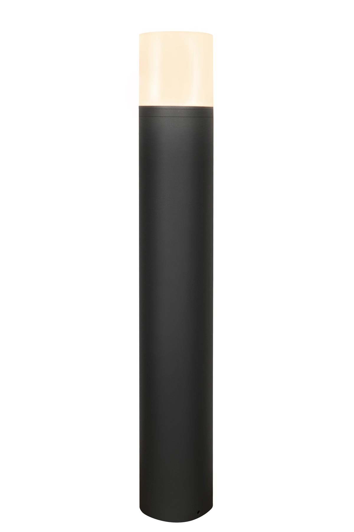 Borne lumineuse cylindrique noire avec diffuseur blanc opale en partie haute, vue de face sur fond blanc.