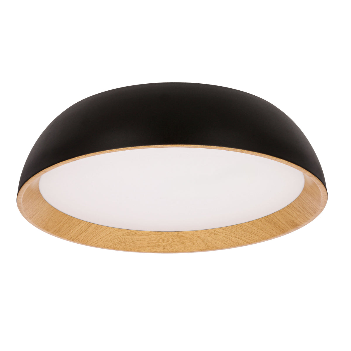 Plafonnier rond noir de face, bord en bois clair et diffuseur blanc opale