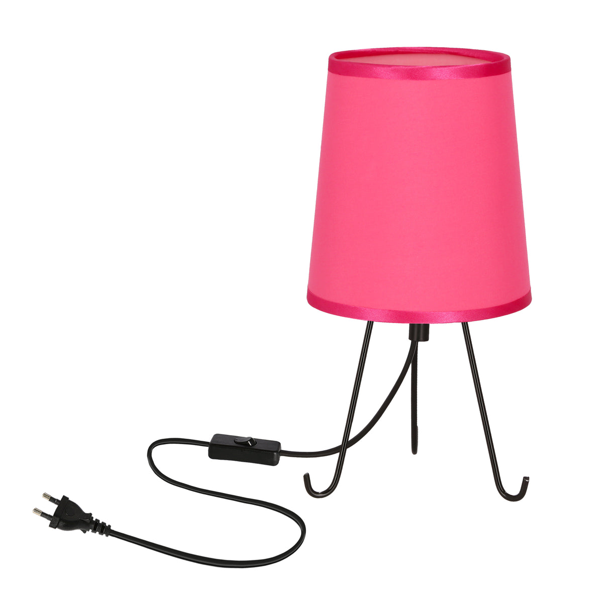 Lampe à poser fuchsia, abat-jour en tissu et trépied noir, vue de face