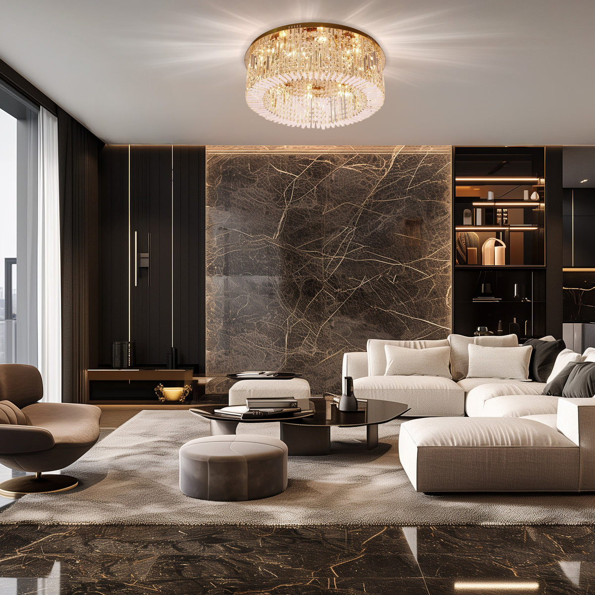 Mise en ambiance du plafonnier dans un salon sombre et luxueux