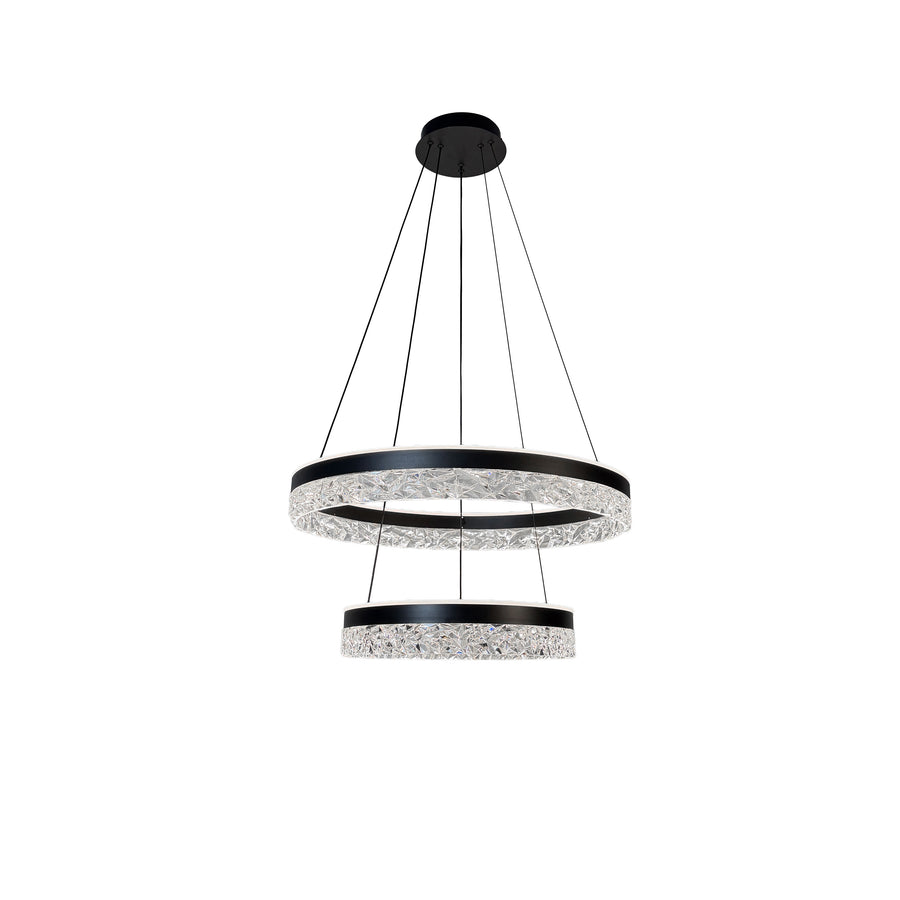 Vue de face du luminaire suspendu noir à deux anneaux LED, fond blanc.