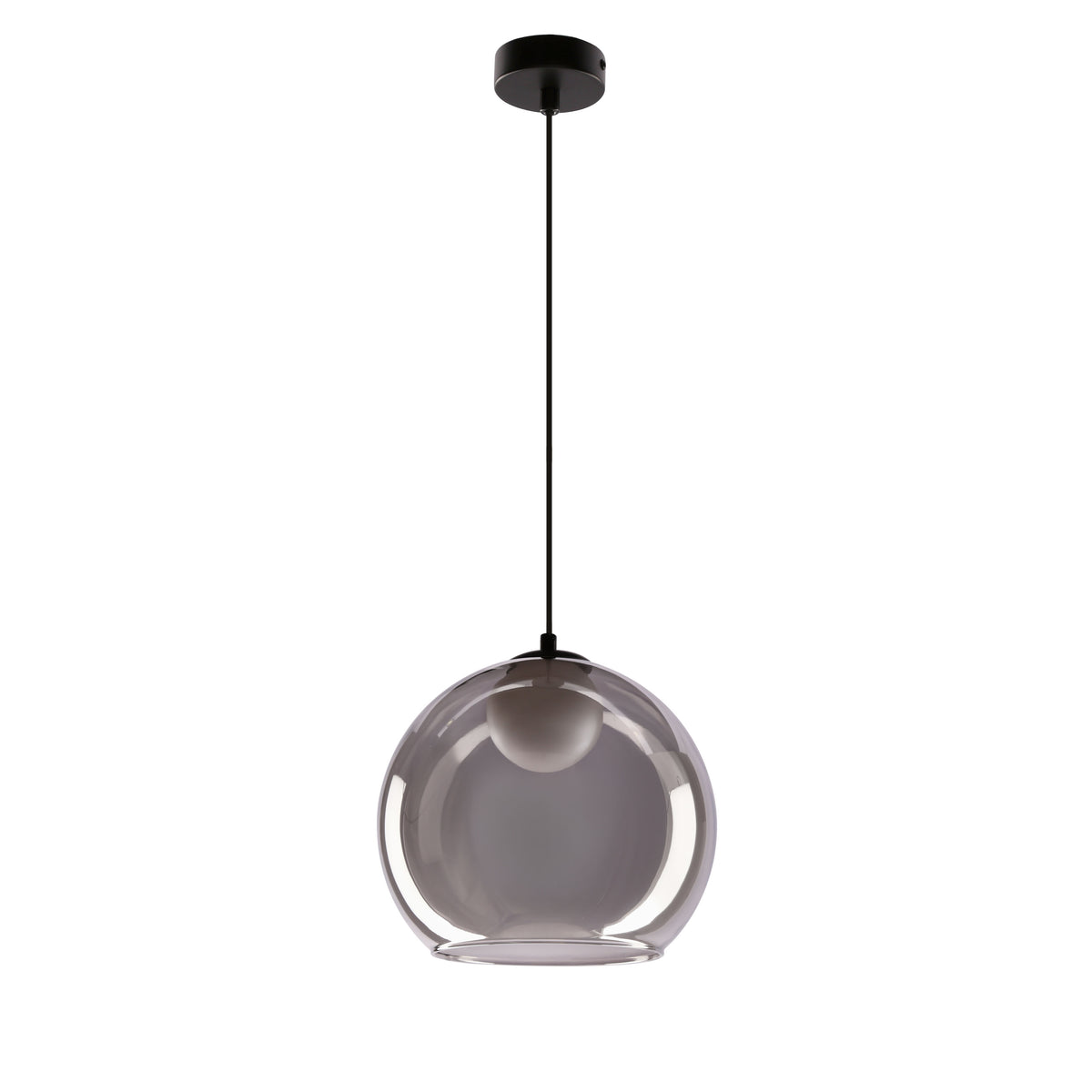 Suspension en verre fumé avec boule interne, vue de face sur fond blanc