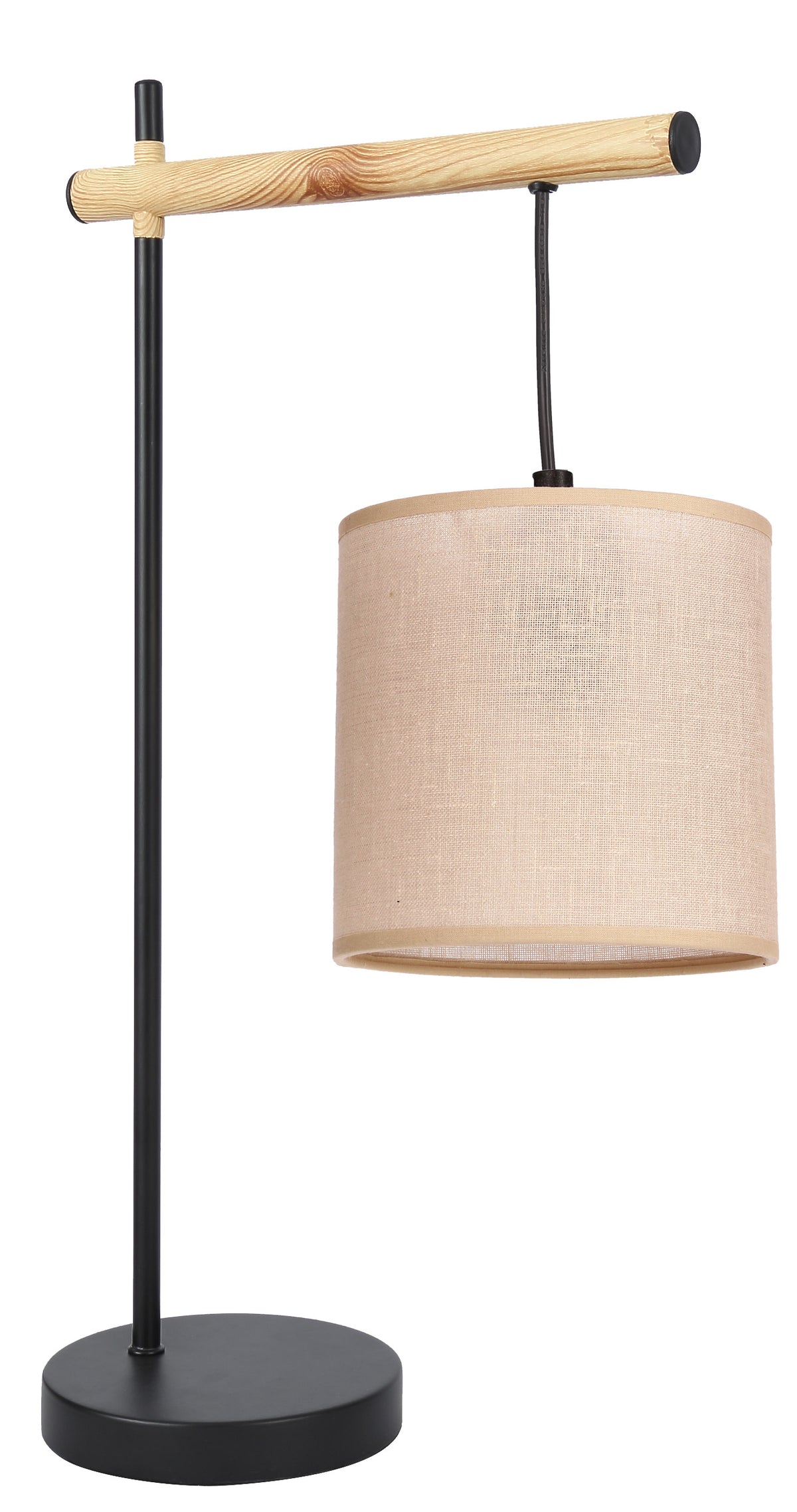 Lampe à poser noire avec abat-jour cylindrique en tissu beige, vue de face