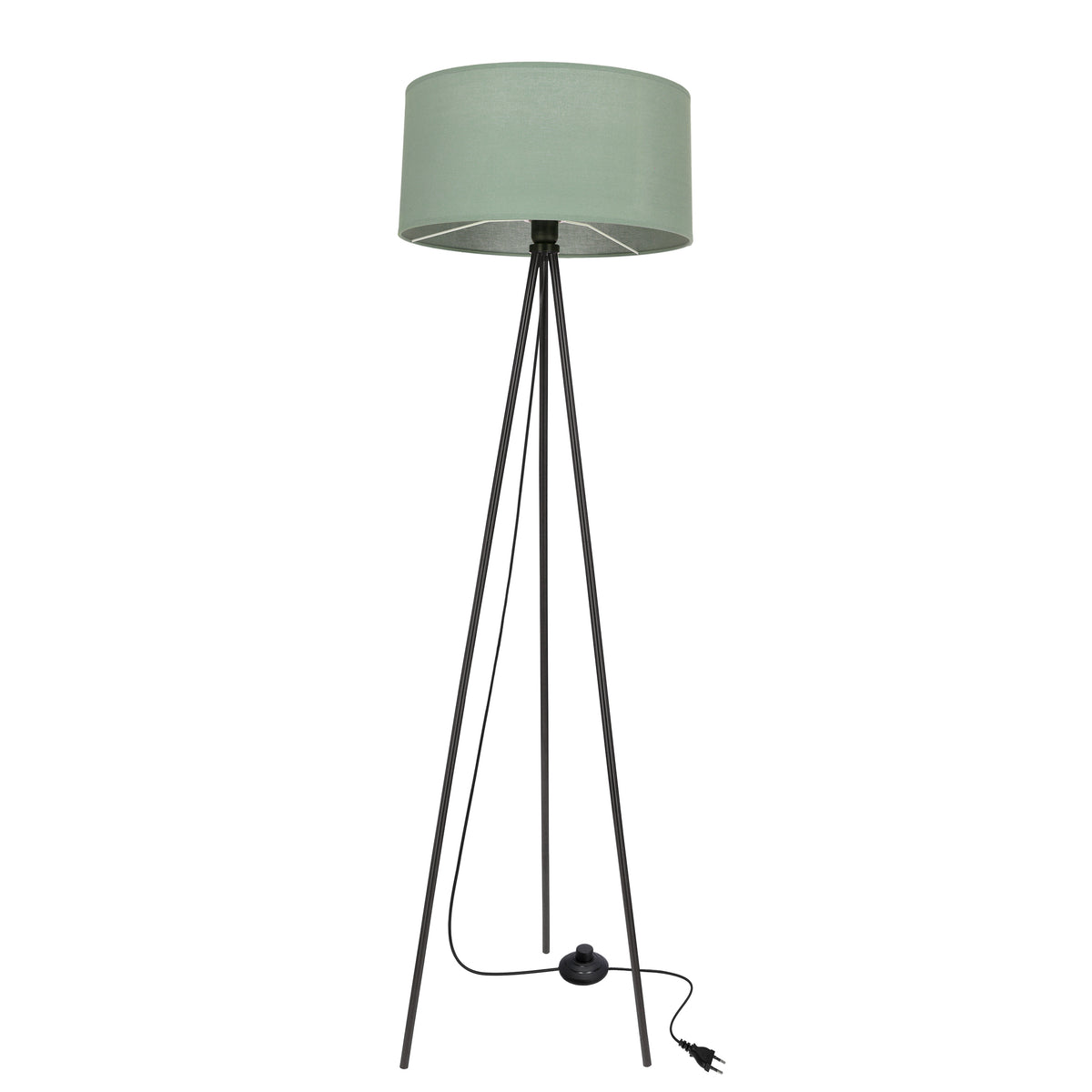 Lampadaire entier sur fond blanc, abat-jour vert, pied trépied noir et fiche.