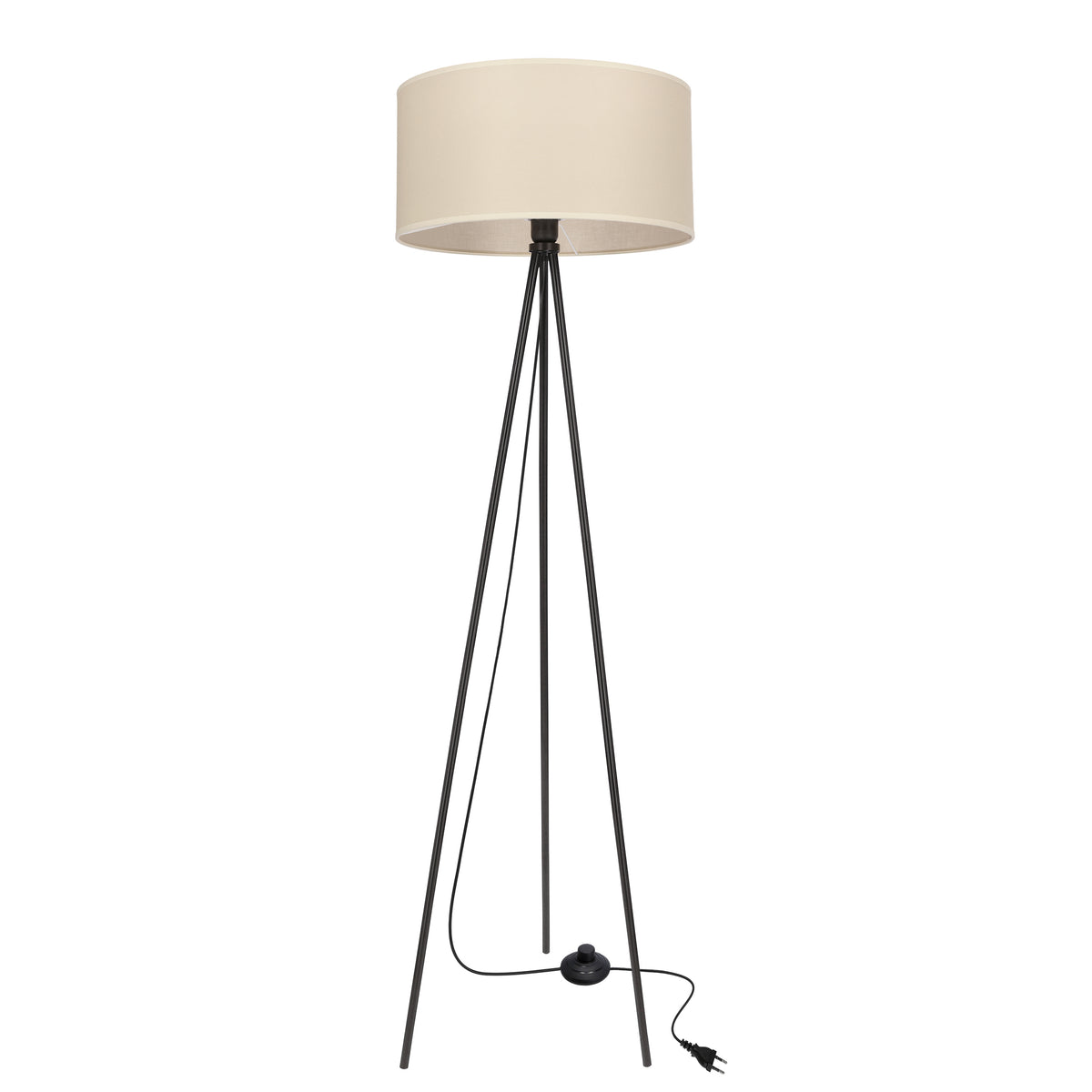 Lampadaire tripode noir de face sur fond blanc, abat-jour cylindrique en tissu beige.