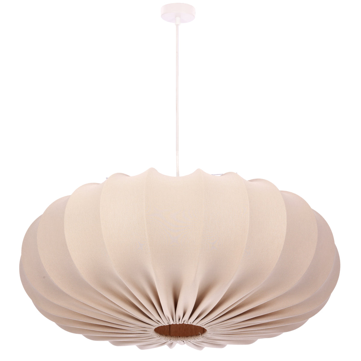 Suspension beige en tissu plissé, vue de face sur fond blanc.