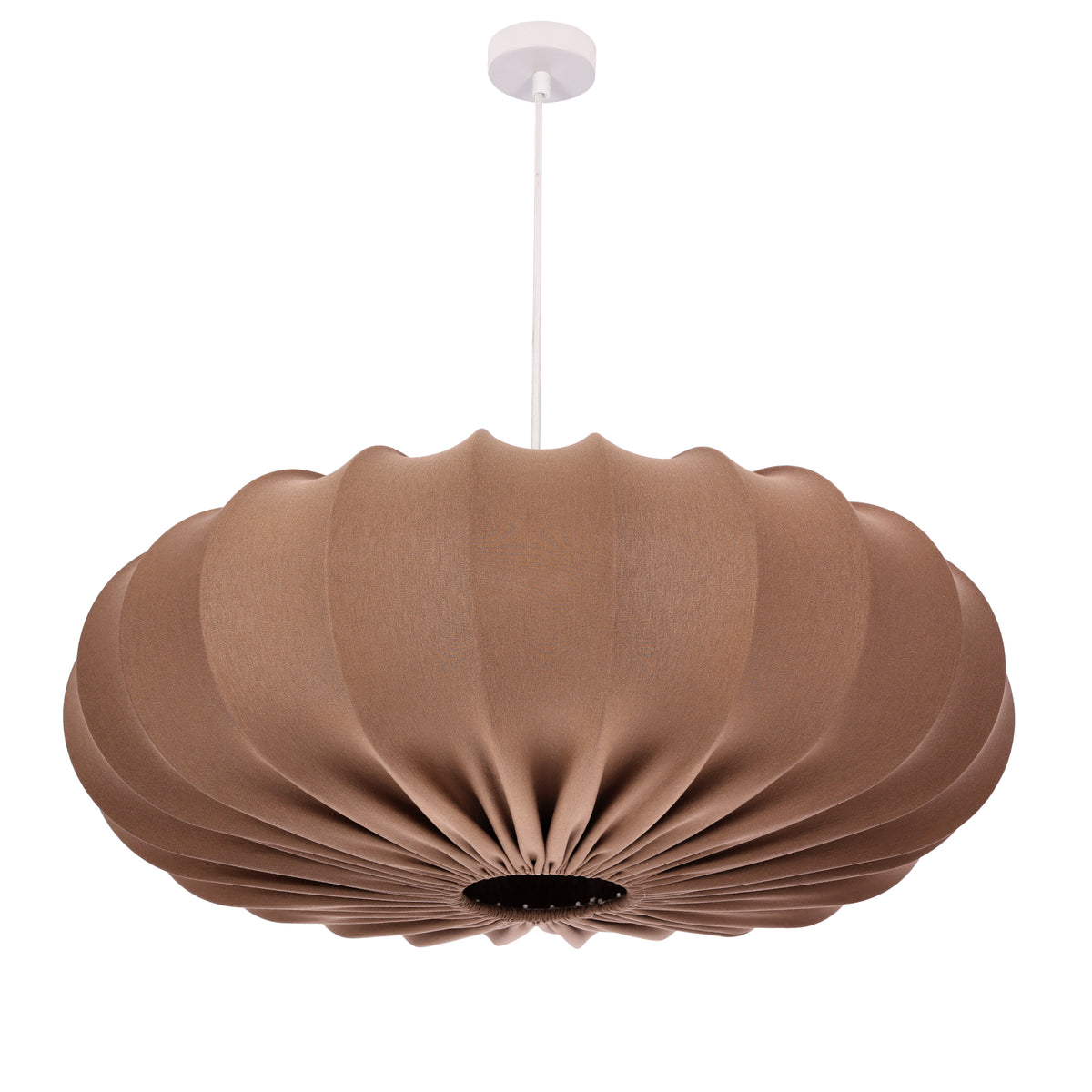 Suspension marron en tissu plissé, vue de face sur fond blanc, câble blanc et base.