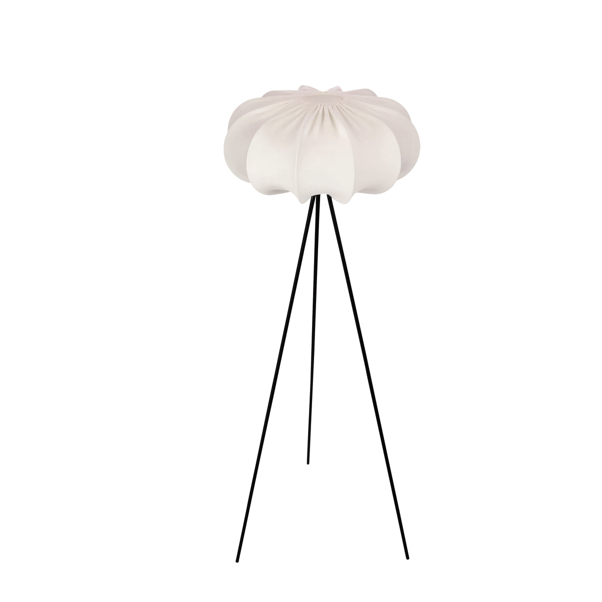 Lampadaire blanc sur fond neutre, abat-jour plissé en tissu et trois pieds noirs fins