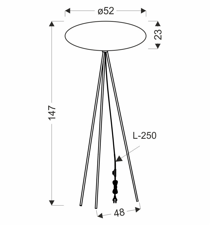 Schéma technique coté du lampadaire avec diamètre, hauteur et largeur de base