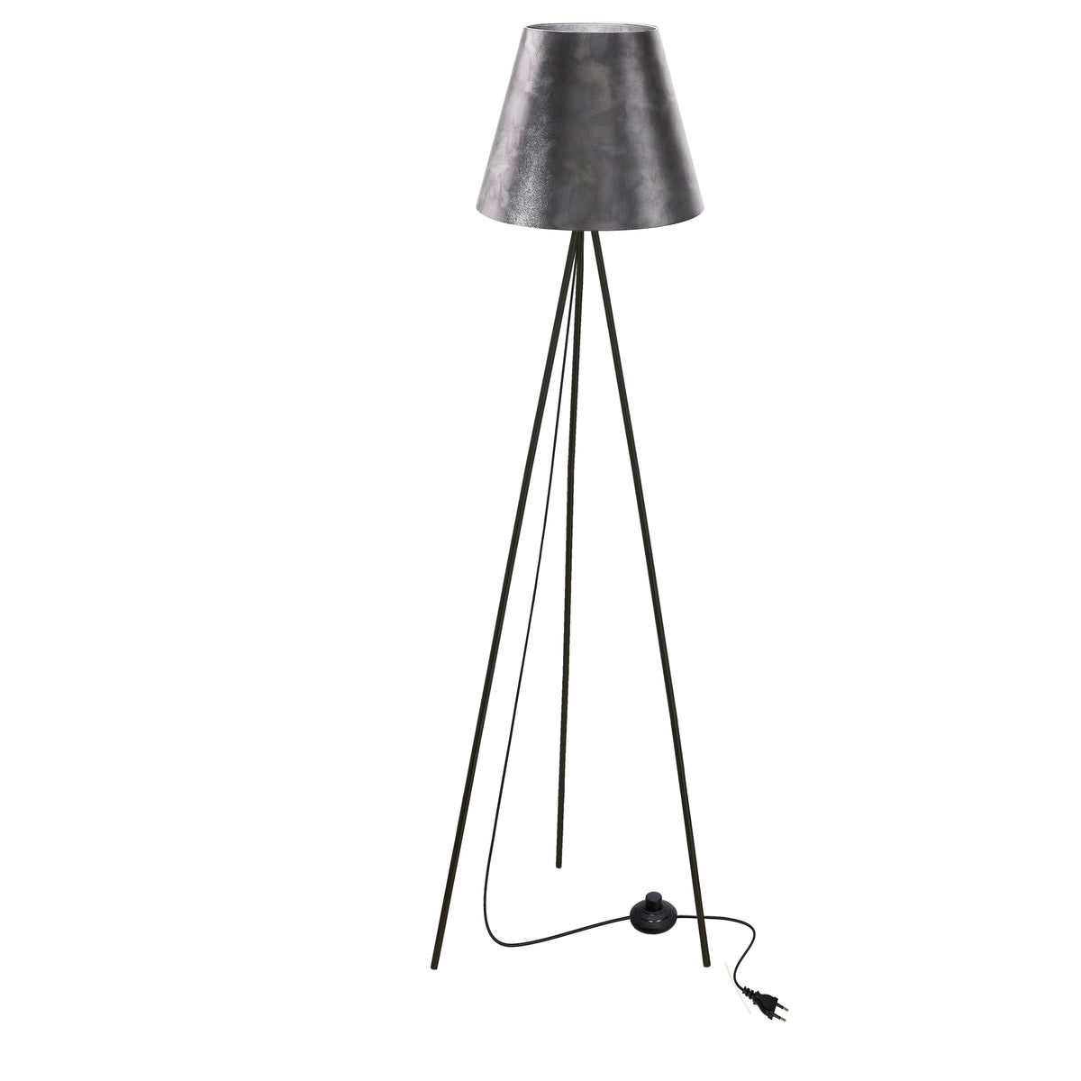 Lampadaire tripode noir avec abat-jour conique, vue de face sur fond blanc