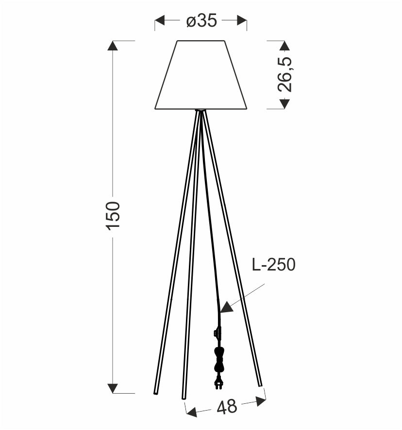Schéma coté du lampadaire : hauteur 150 cm, abat-jour Ø35 cm et base 48 cm