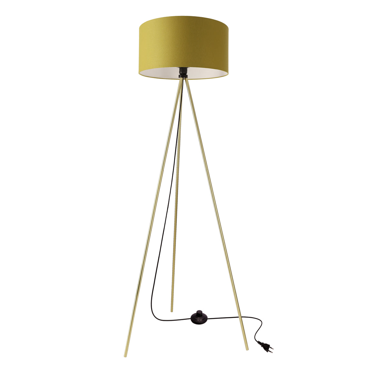 Lampadaire doré à trois pieds avec abat-jour cylindrique vert olive et interrupteur noir.