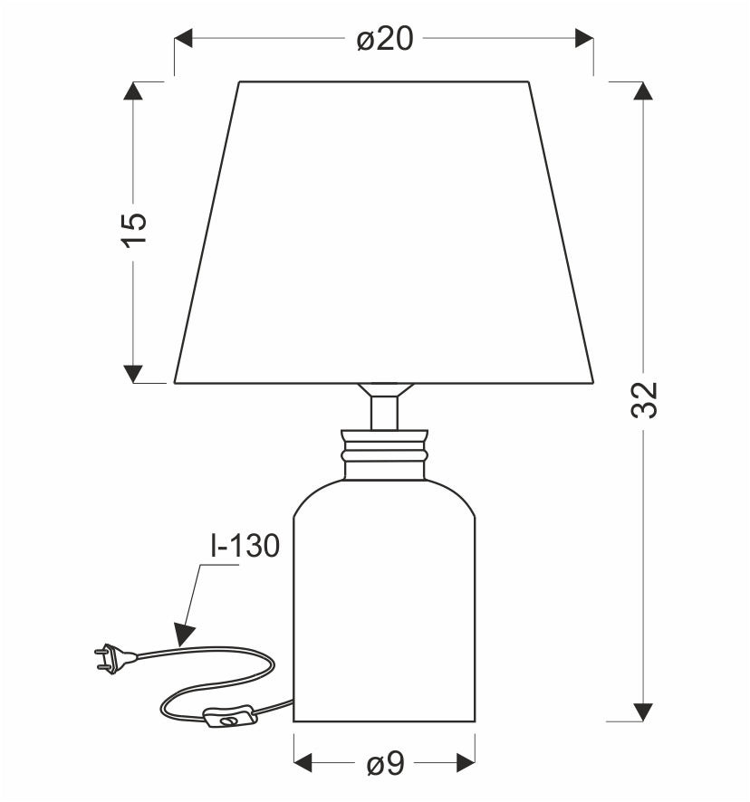 Schéma coté montrant hauteur totale 32 cm et diamètre 20 cm de l'abat-jour