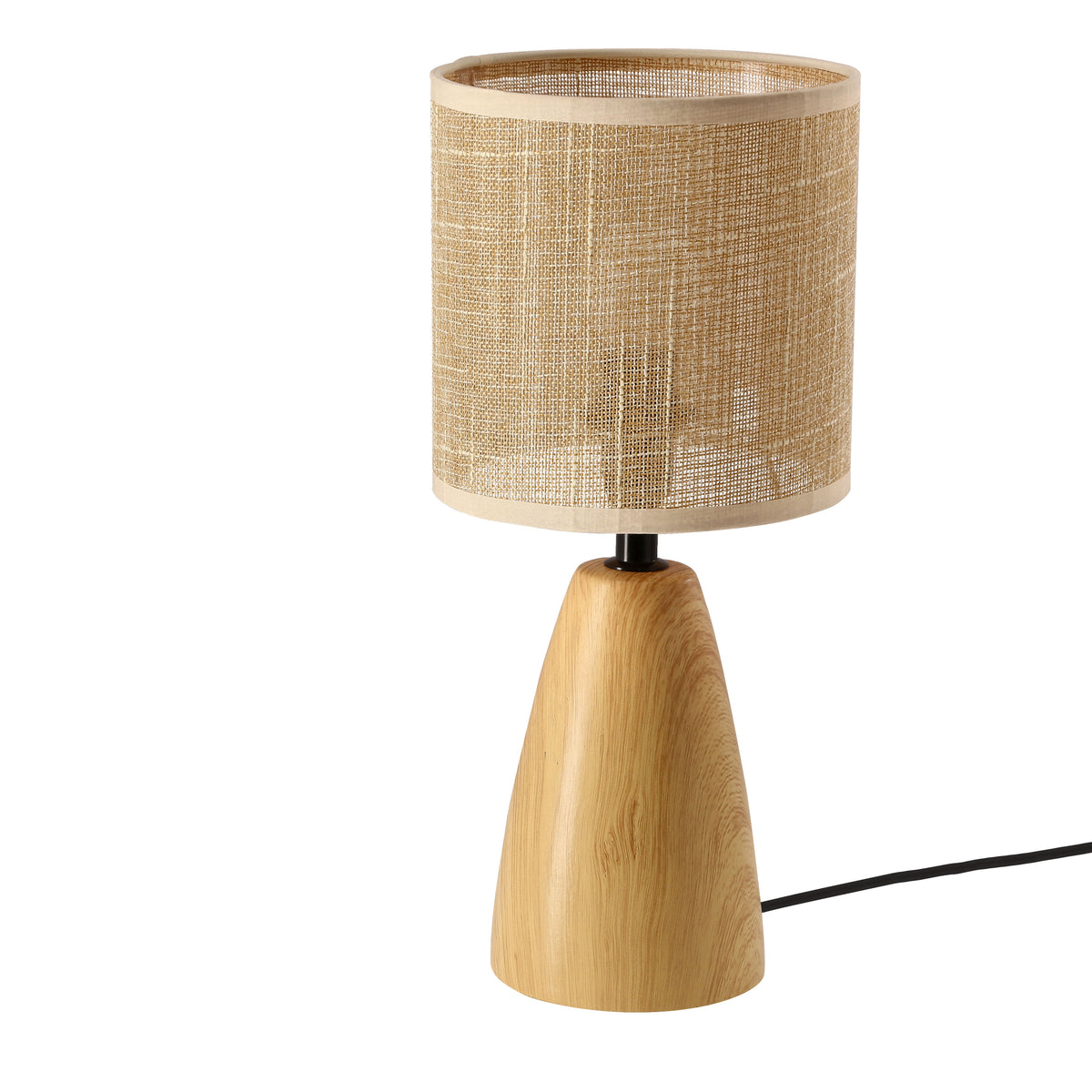 Lampe à poser en bois clair avec abat-jour cylindrique en cannage beige