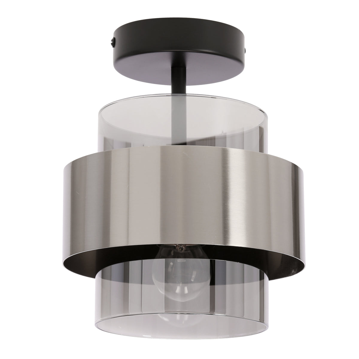 Vue de face du plafonnier cylindrique en verre fumé et métal nickel satiné.
