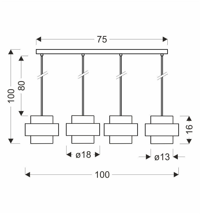 Schéma coté du luminaire : largeur 75, hauteur 100, diamètres 18 et 13.
