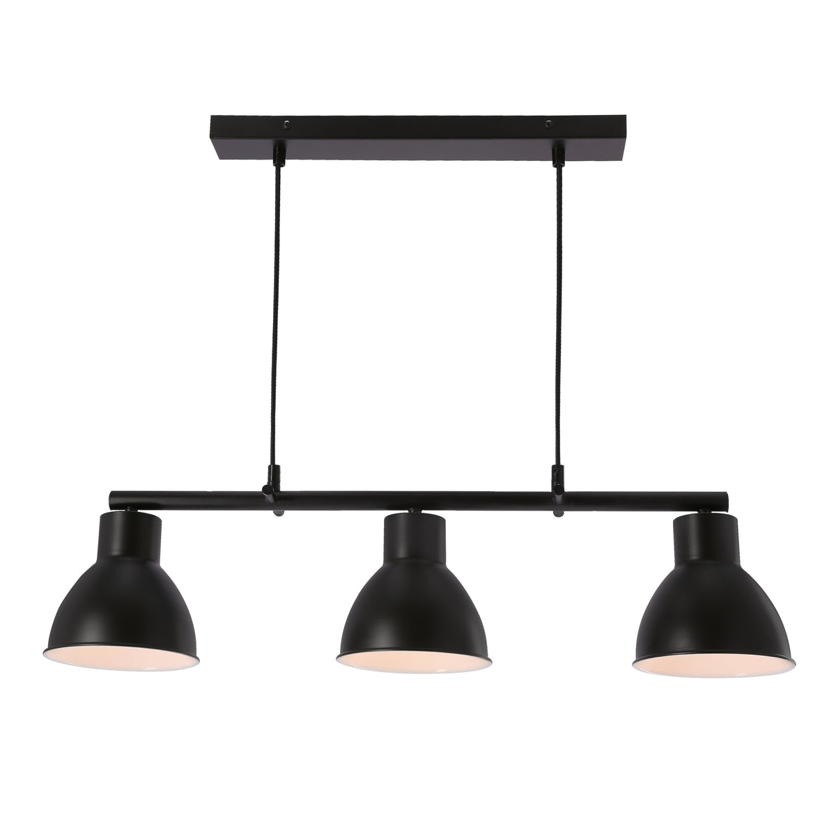 Suspension noire à trois abat-jours en dôme, barre rectangulaire et câbles de fixation