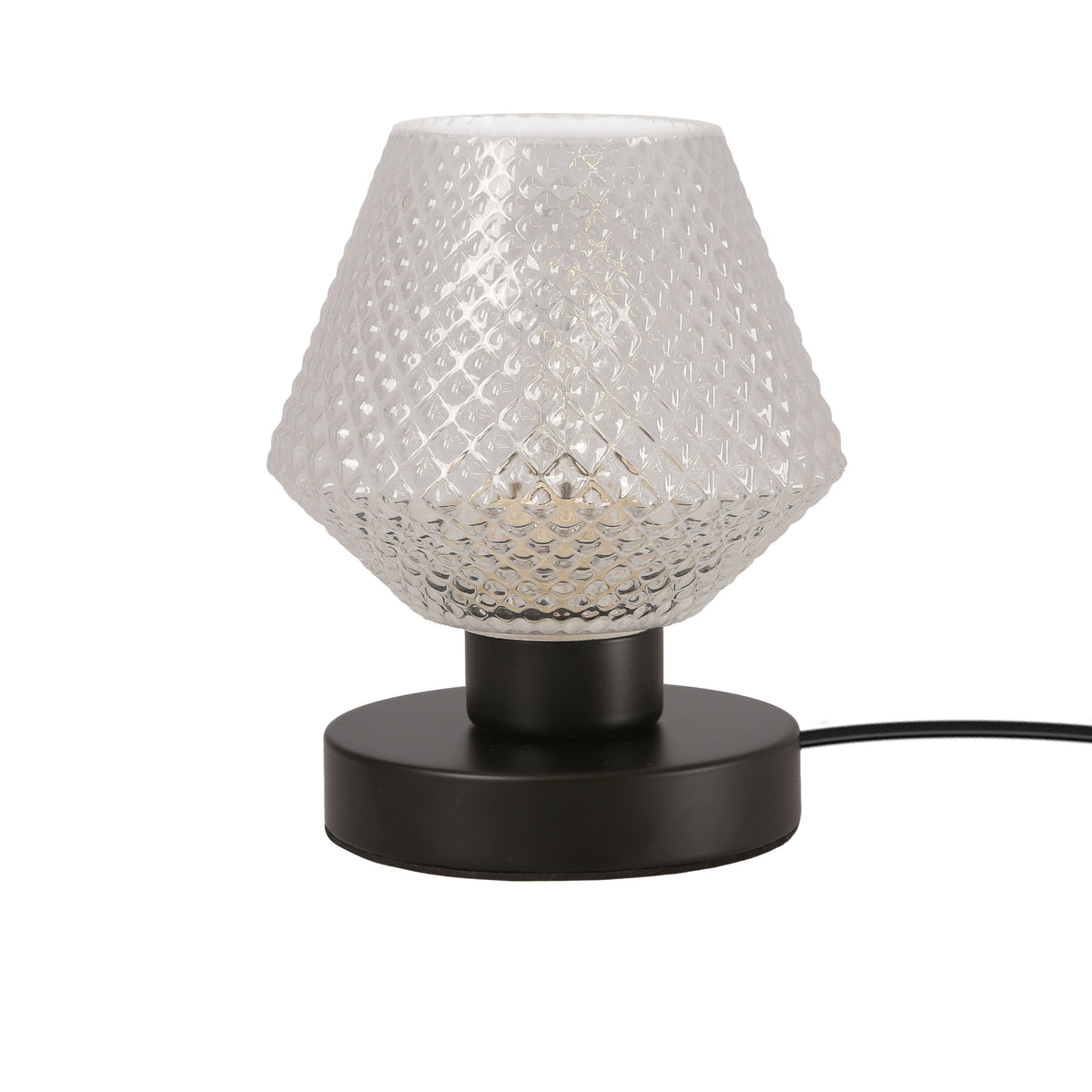 Lampe à poser au verre facetté transparent, vue de face sur fond blanc