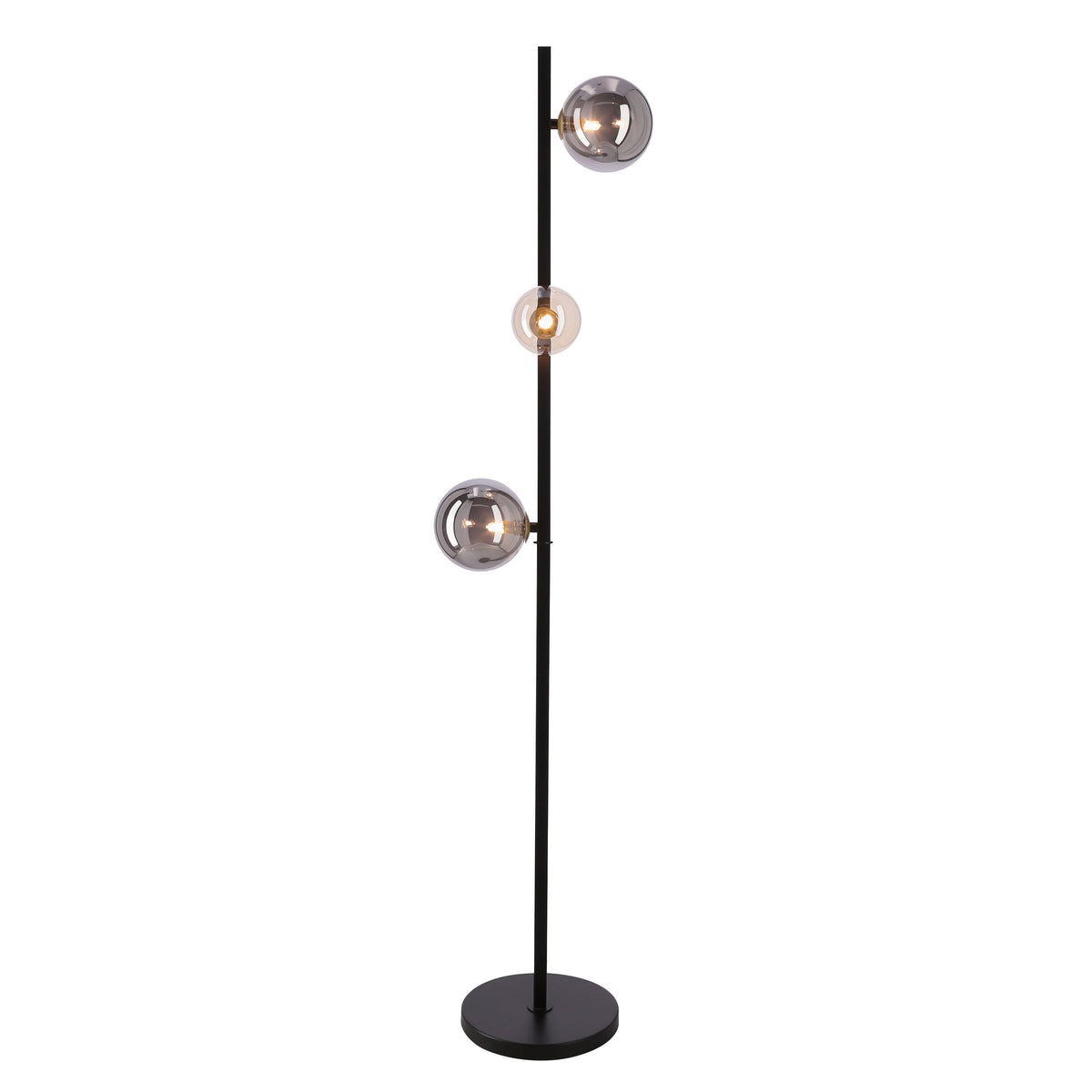 Lampadaire trois lumières, tige noire verticale et globes de verre fumé