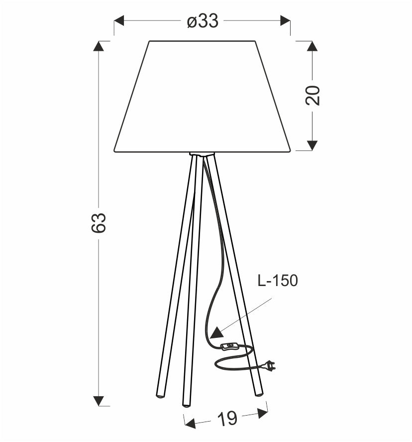 Schéma coté de la lampe indiquant hauteur 63 cm et diamètre abat-jour 33 cm