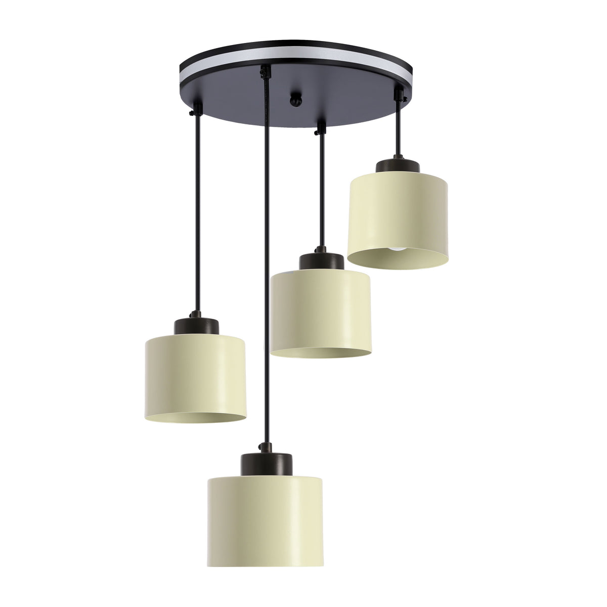 Vue du luminaire suspendu avec quatre abat-jours cylindriques vert pâle et structure noire.