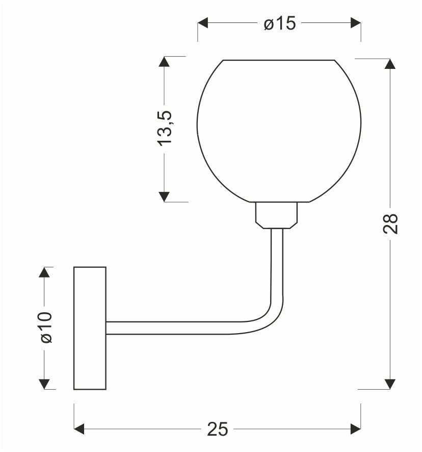 Schéma de dimensions de l'applique murale avec diamètre, hauteur et profondeur.