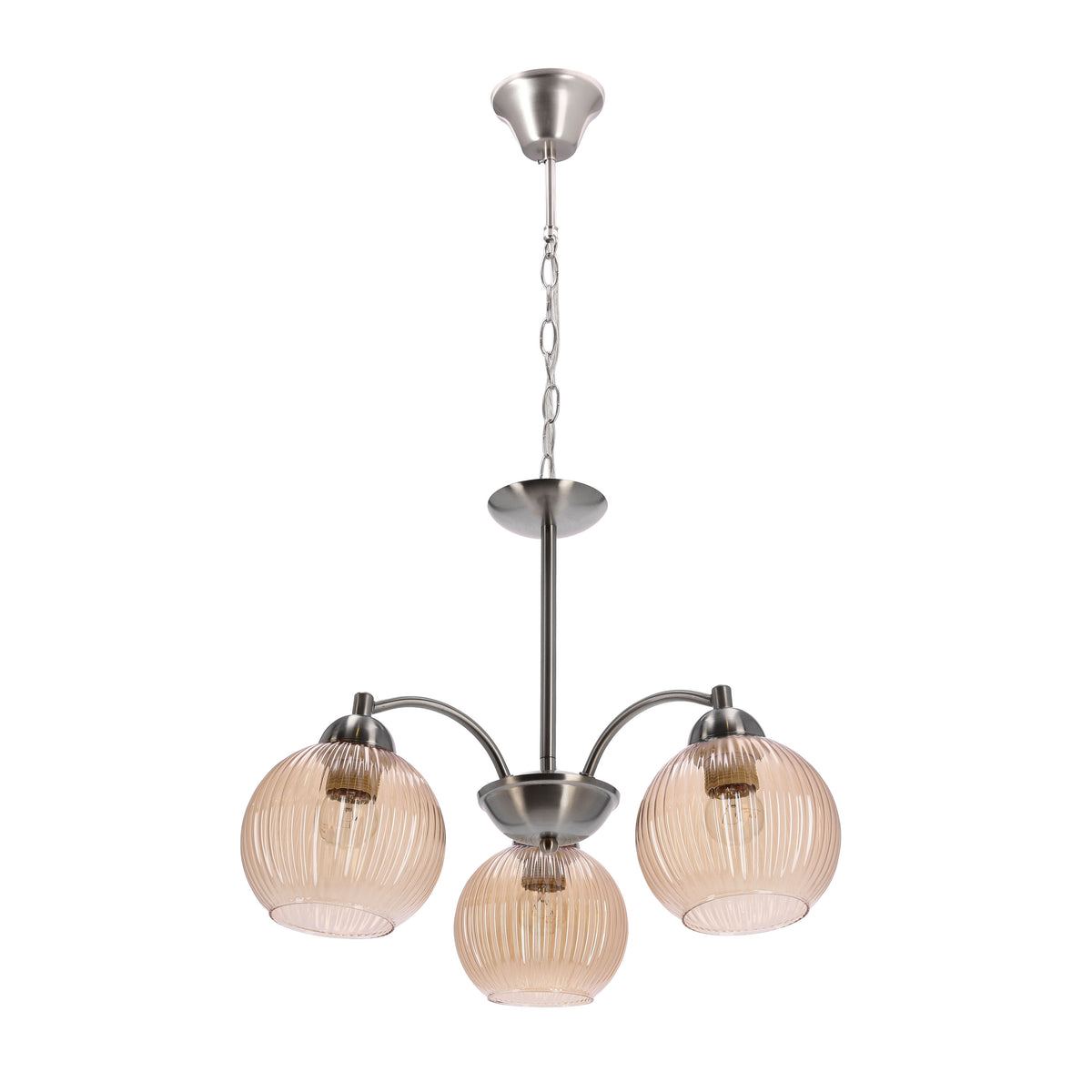 Suspension trois lumières en nickel mat avec globes en verre strié rosé, vue de face
