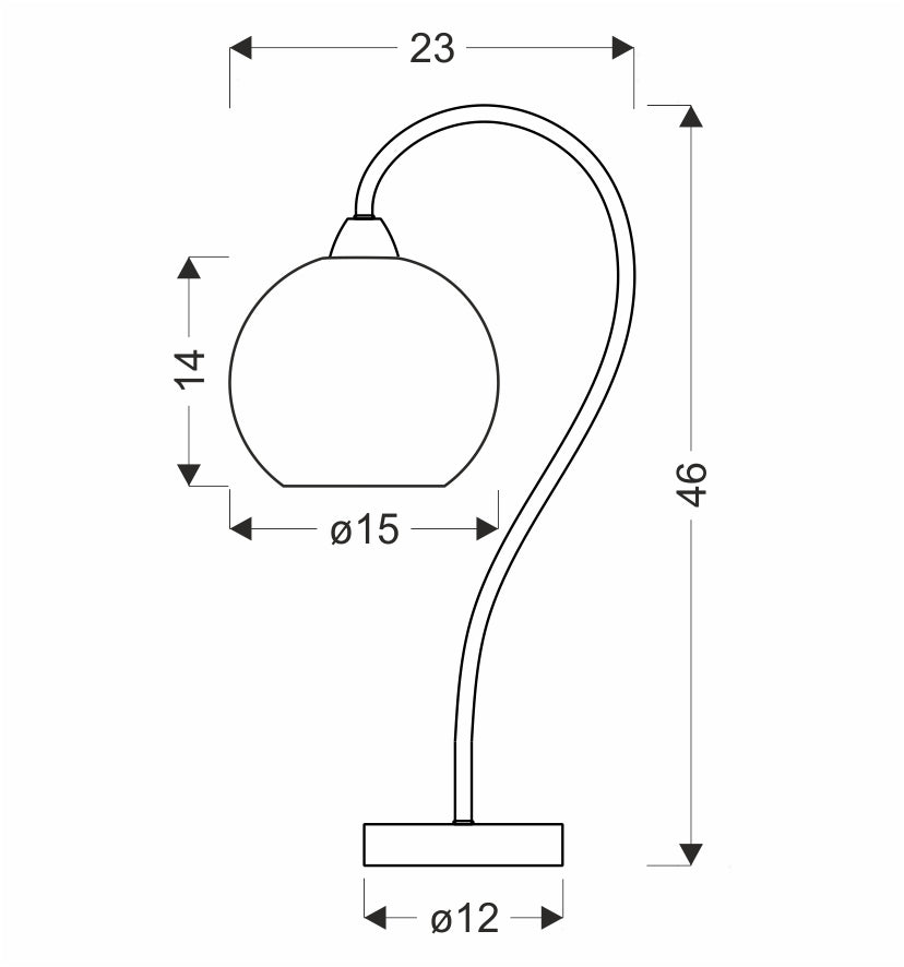 Schéma coté de la lampe : hauteur 46 cm, largeur 23 cm, abat-jour diamètre 15 cm.