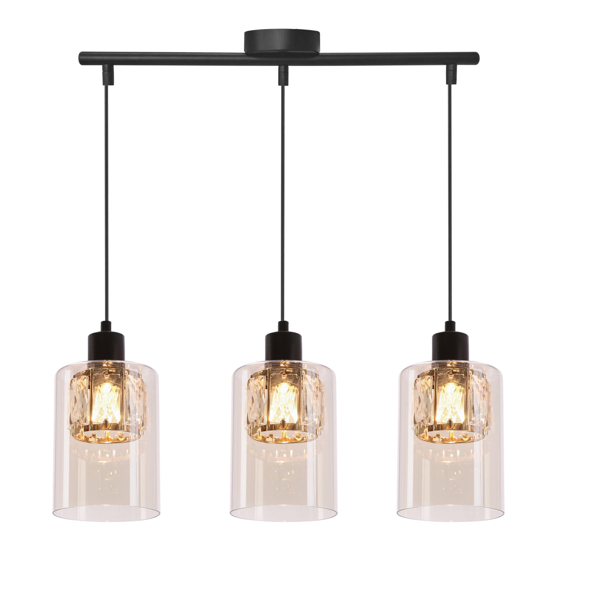Vue de face d'une suspension noire à trois abat-jours cylindriques en verre transparent.