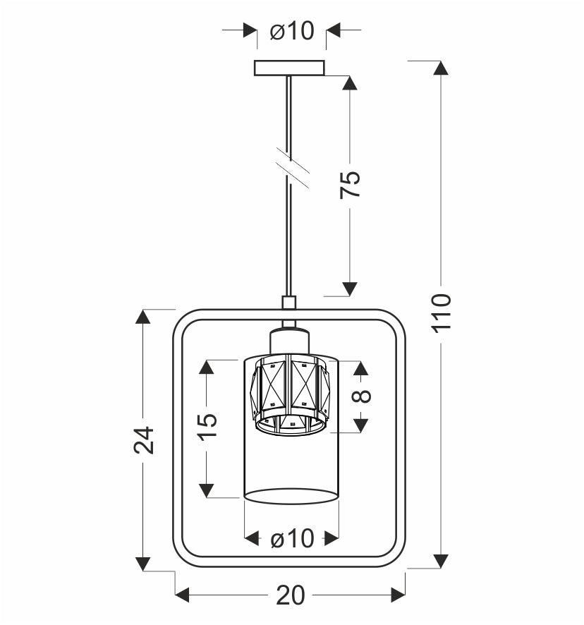 Schéma technique coté du luminaire avec hauteur totale et diamètre du verre